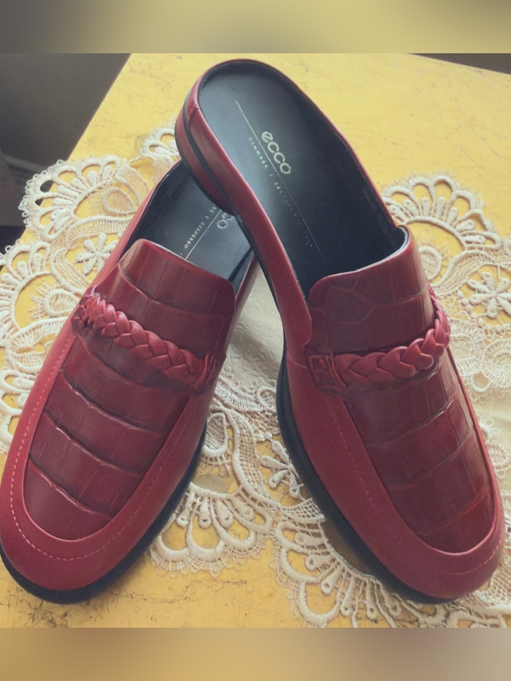 SOLD New ECCO Red Sculptured Luxury Woman’s Slip On Mules. Braided Detail